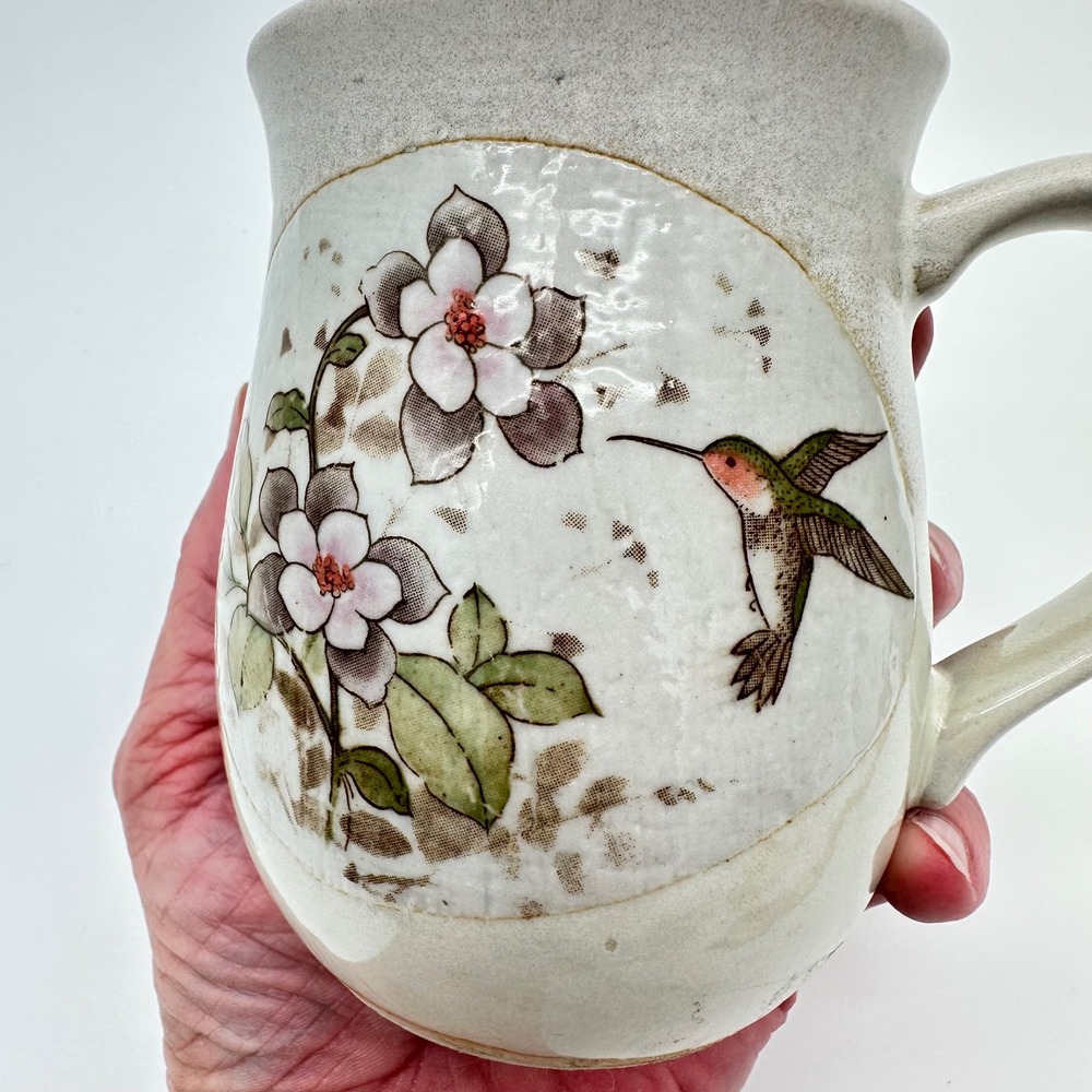 Vintage Otagiri Style Stoneware Mug Hummingbird Floral Cream Hand Painted Boho - Picture 9 of 12